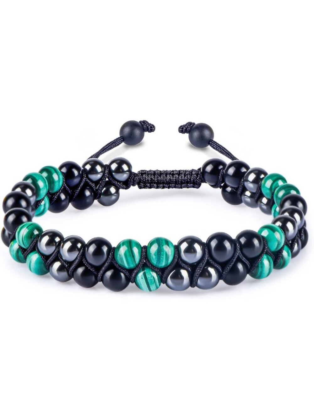 Green Malachite & Black Obsidian Healing Bracelet with Hematite Beads - Stress